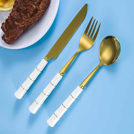 Elise White & Gold Ceramic Handle Stainless Steel Cutlery Set