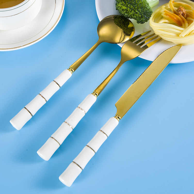 Elise White & Gold Ceramic Handle Stainless Steel Cutlery Set