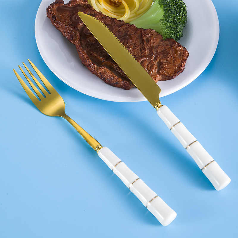 Elise White & Gold Ceramic Handle Stainless Steel Cutlery Set