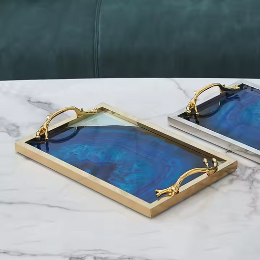 Nordic Luxury Blue Agate Pattern Metal Storage Tray