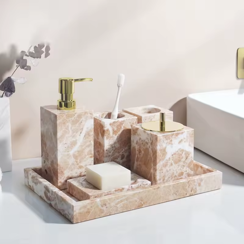 Coral Pink Natural Marble Bathroom Set