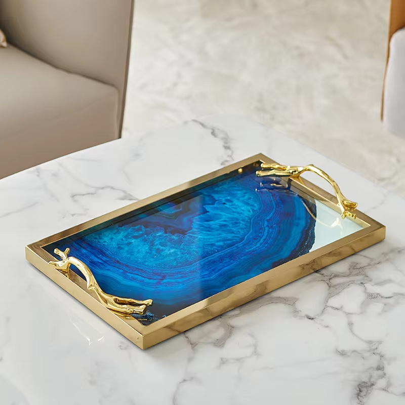 Nordic Luxury Blue Agate Pattern Metal Storage Tray