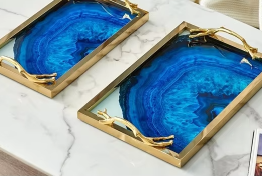 Nordic Luxury Blue Agate Pattern Metal Storage Tray