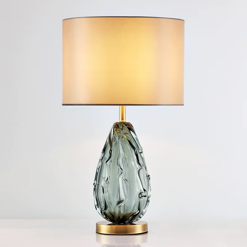 Abstract Crystal Glass Grey Fabric Table Lamp