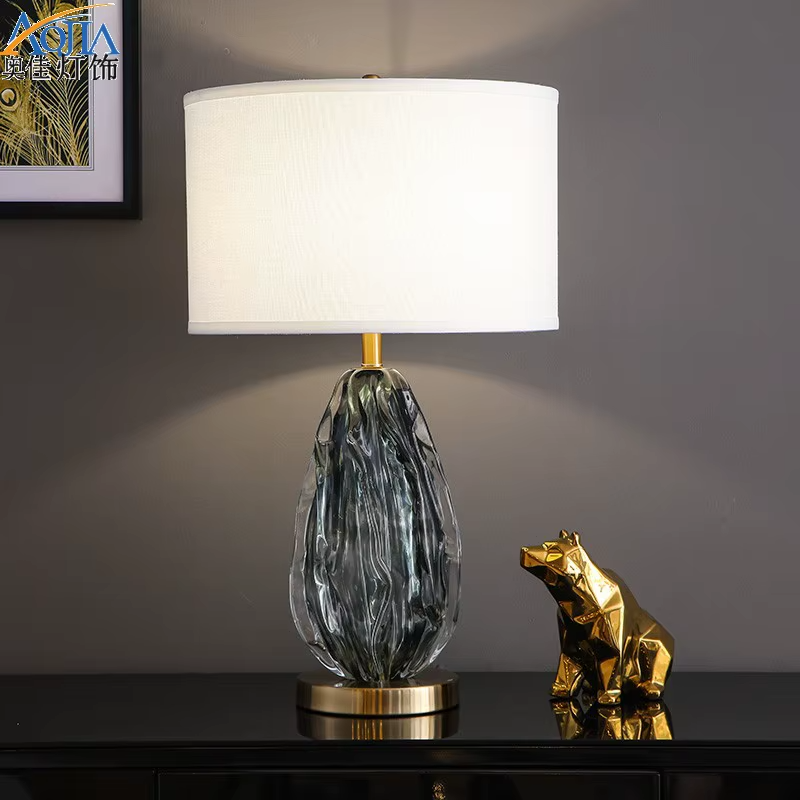 Abstract Crystal Glass Grey Fabric Table Lamp